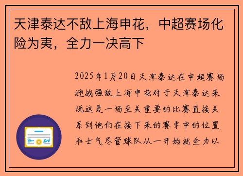 天津泰达不敌上海申花，中超赛场化险为夷，全力一决高下