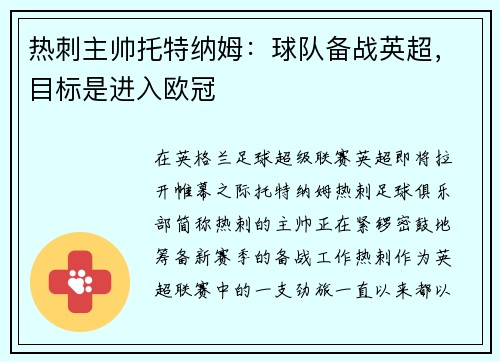 热刺主帅托特纳姆：球队备战英超，目标是进入欧冠