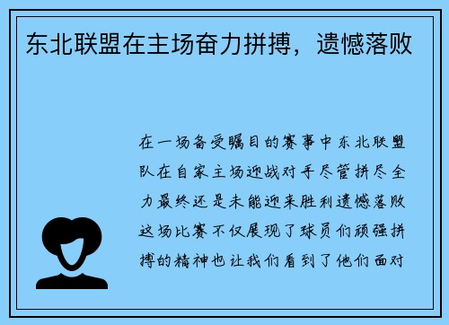 东北联盟在主场奋力拼搏，遗憾落败