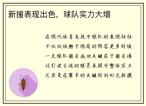 新援表现出色,球队实力大增