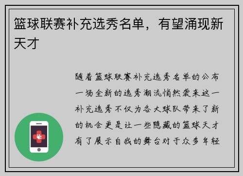 篮球联赛补充选秀名单,有望涌现新天才