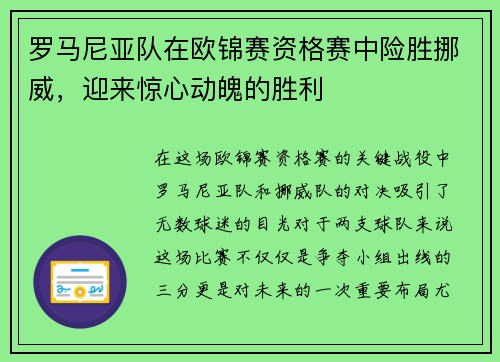 罗马尼亚队在欧锦赛资格赛中险胜挪威,迎来惊心动魄的胜利