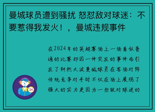 曼城球员遭到骚扰 怒怼敌对球迷:不要惹得我发火!,曼城违规事件