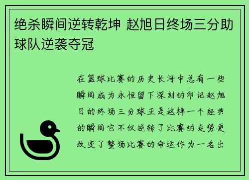 绝杀瞬间逆转乾坤 赵旭日终场三分助球队逆袭夺冠
