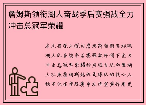詹姆斯领衔湖人奋战季后赛强敌全力冲击总冠军荣耀