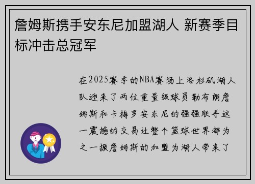詹姆斯携手安东尼加盟湖人 新赛季目标冲击总冠军