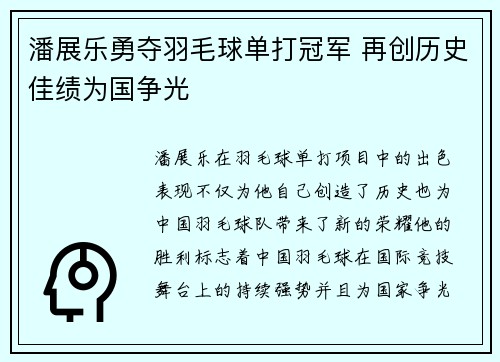 潘展乐勇夺羽毛球单打冠军 再创历史佳绩为国争光